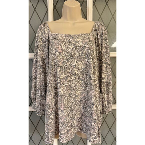 J Jill 2X Womens Shirt 3/4 Smocked Sleeve Square Neck Paisley Boho Peasant - Picture 4 of 8